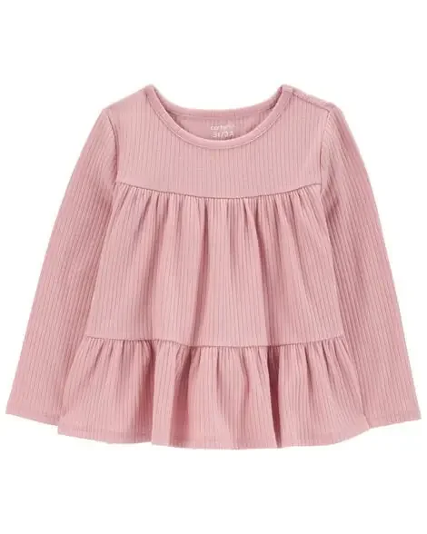 Carters Toddler Tiered Long-Sleeve Ribbed Top Pink 4T
