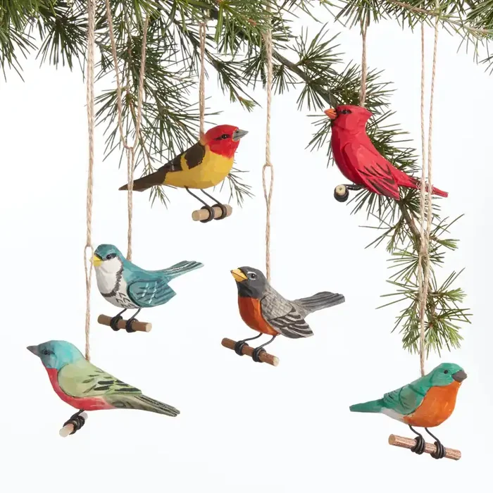 Carved Wood Songbird on Twig Ornaments Set of 6