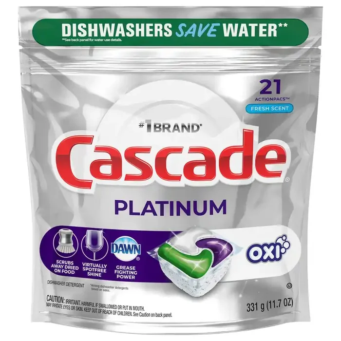 Cascade Platinum ActionPacs + Oxi, Dishwasher Detergent Pods, Fresh, 21 Count