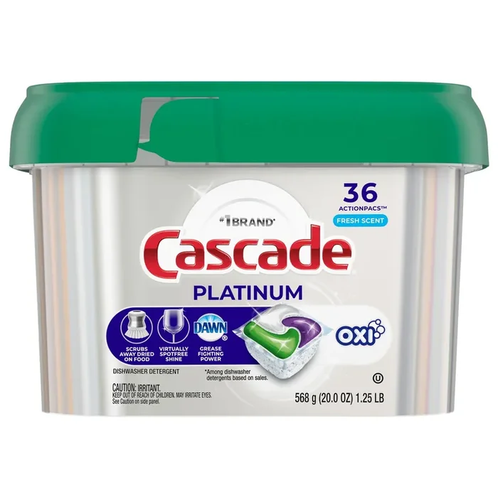 Cascade Platinum ActionPacs + Oxi, Dishwasher Detergent Pods, Fresh, 36 Count