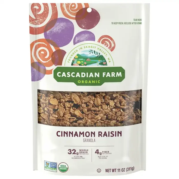 Cascadian Farm Organic Granola, Cinnamon Raisin Cereal, Resealable Pouch, 11 oz.