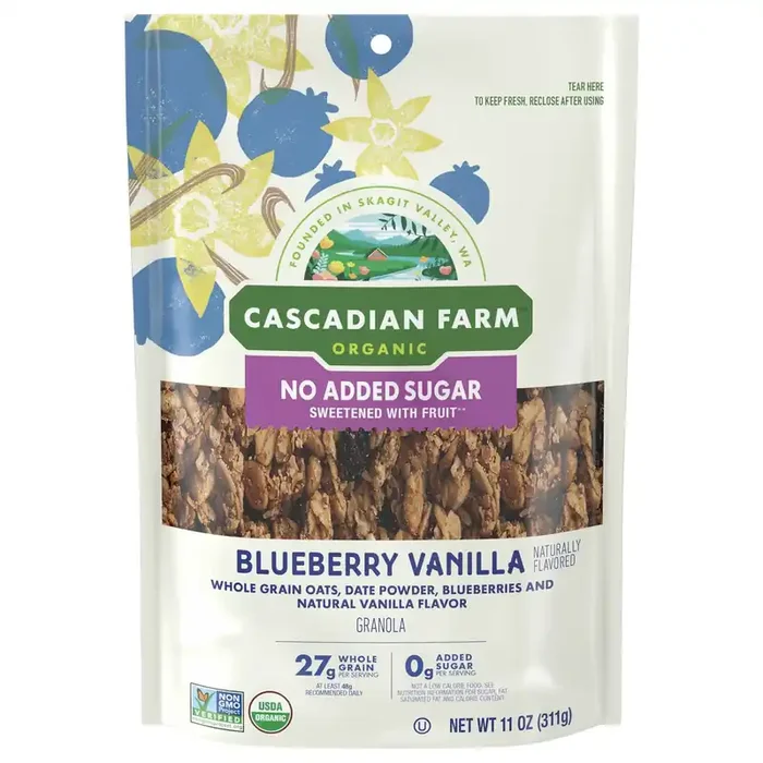 Cascadian Farm Organic Granola with No Added Sugar, Blueberry Vanilla Cereal, Resealable Pouch, 11 oz.
