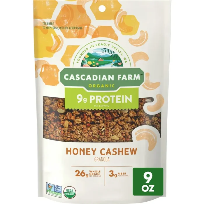 Cascadian Farm Organic Honey Cashew Granola, Protein Granola, Non-GMO, 9 oz Resealable Pouch