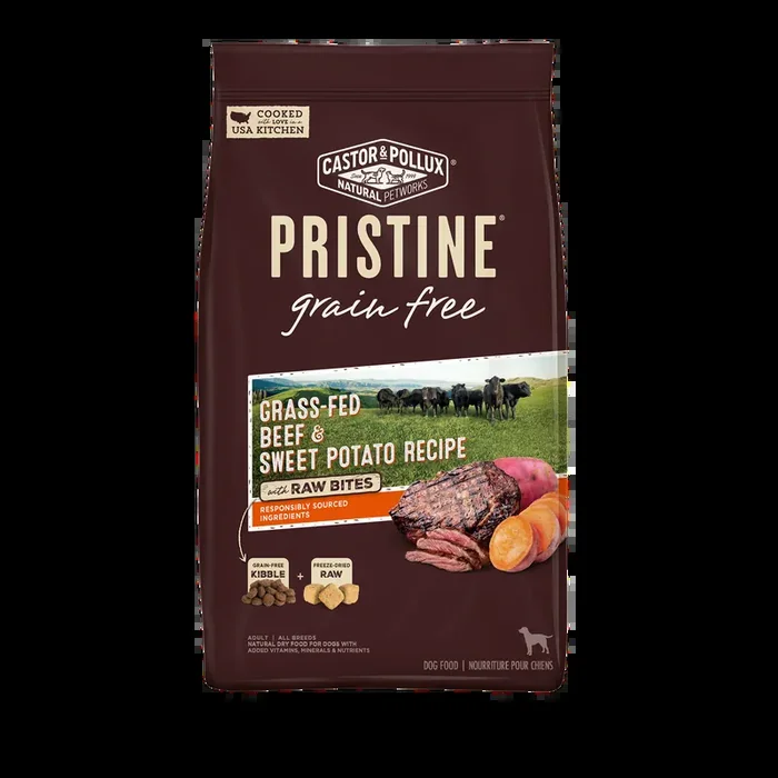 Castor & Pollux PRISTINE Grain Free Dry Dog Food Grass-Fed Beef & Sweet Potato Recipe with Raw Bites – 10 lb Bag