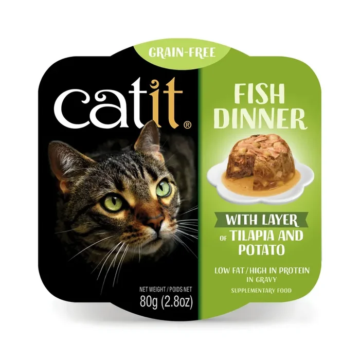 Catit Fish Dinner Adult Cat Food with Tilapia and Potato in Gravy, Low Fat