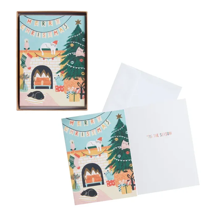 Cats Around the Fire Boxed Holiday Cards 15 Count