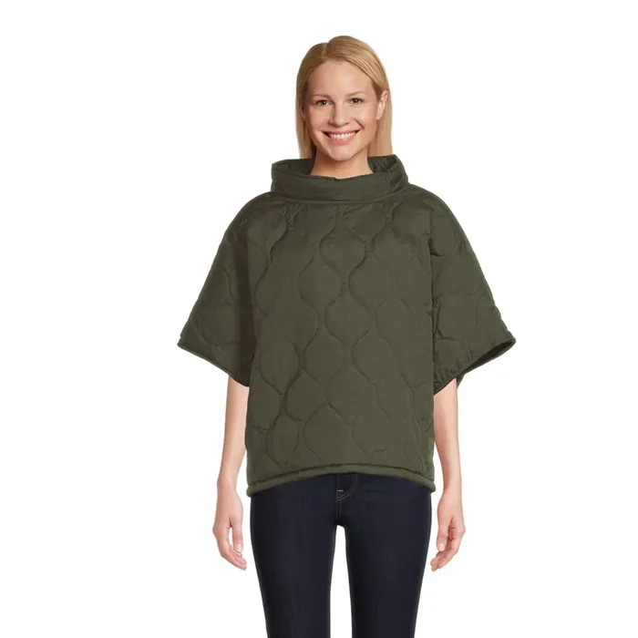 Cecil Olive Green Quilted Fleece Funnel Neck Poncho