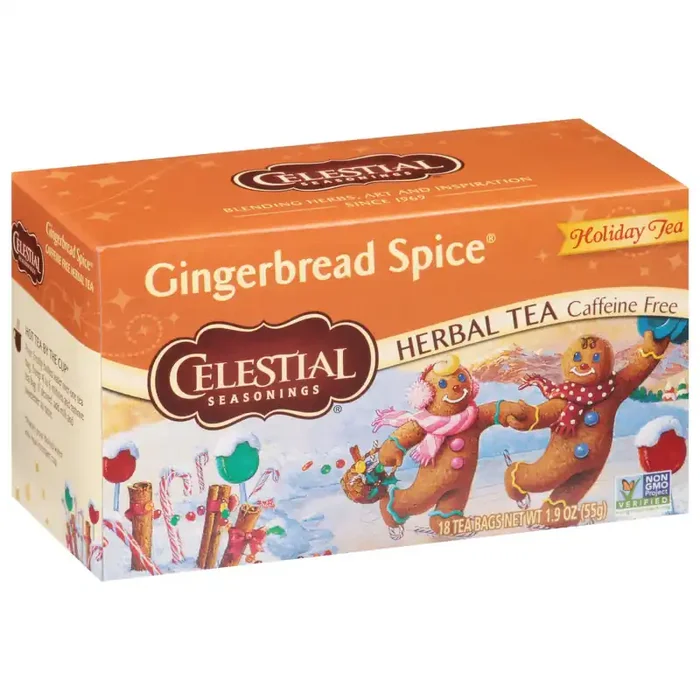 Celestial Seasonings Caffeine Free Holiday Tea Bag Gingerbread Spice Herbal Tea 18 -1.9 oz Bag