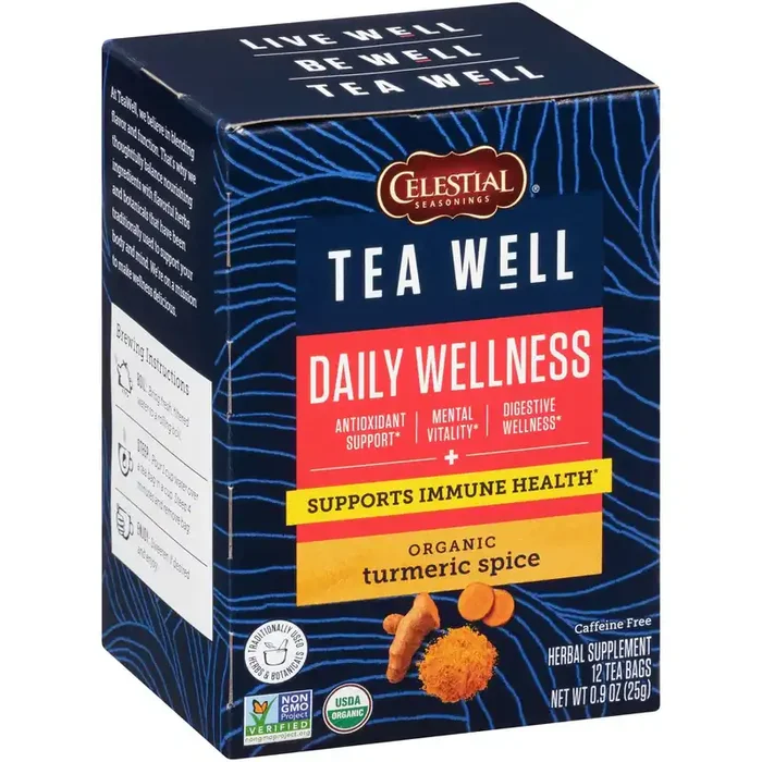 Celestial Seasonings Tea Well Organic Turmeric Spice Daily Wellness Herbal Supplement Tea Bags 12 ct Box