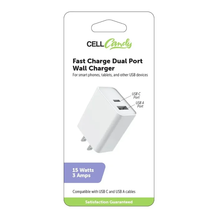 Cell Candy® USB A & USB C Wall Charger 15 W – White