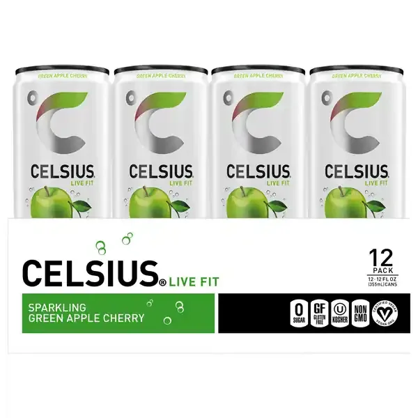 Celsius Energy Drink, Green Apple Cherry, Sparkling, 12Pk