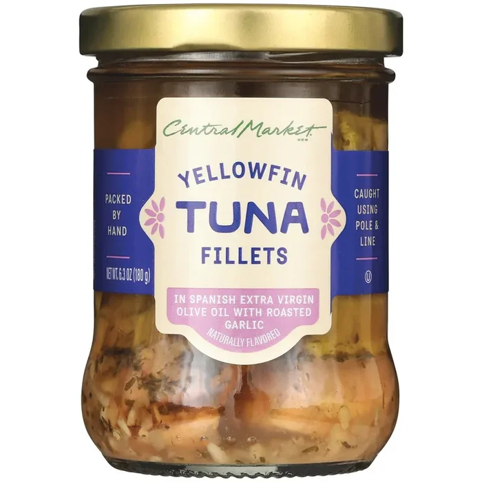 Central Market Yellowfin Tuna Fillets – Spanish Extra Virgin Olive Oil & Roasted Garlic – 6.3 oz