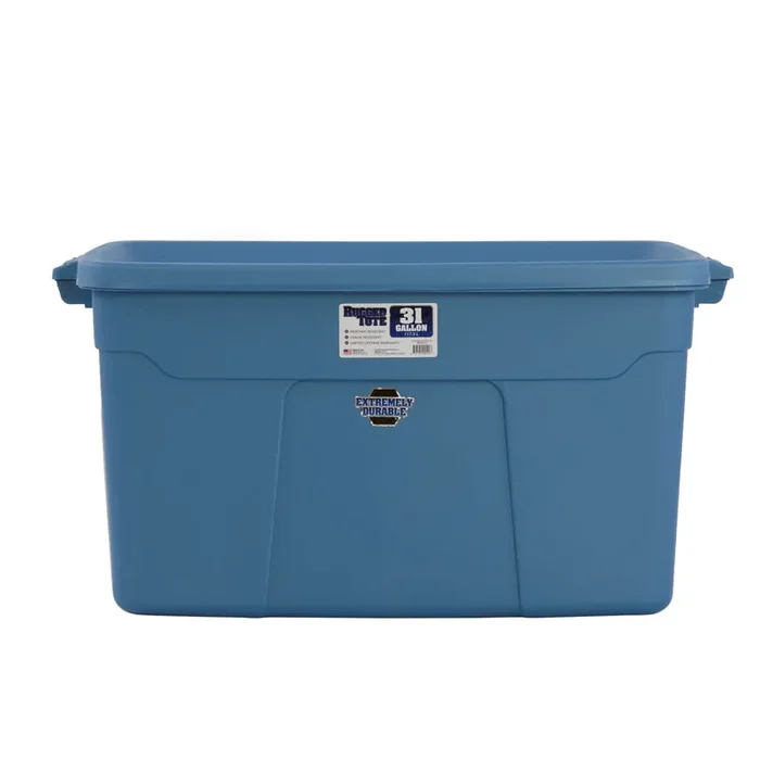Centrex Rugged Tote Large 31 -Gallons ( 124 -Quarts ) Metallic blue Heavy Duty Stackable Tote with Standard Snap Lid