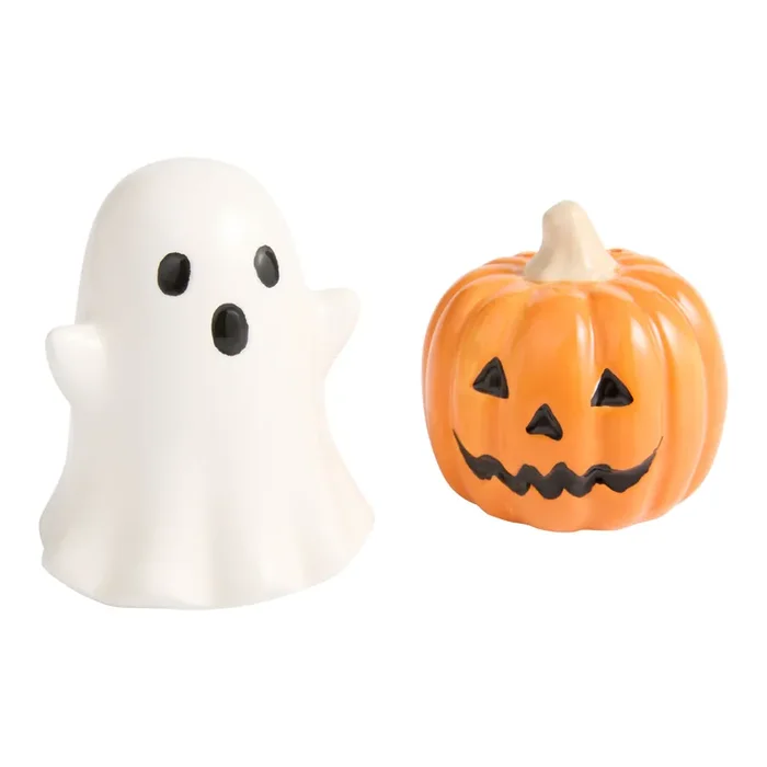 Ceramic Ghost and Pumpkin Figural Salt and Pepper Shaker Set