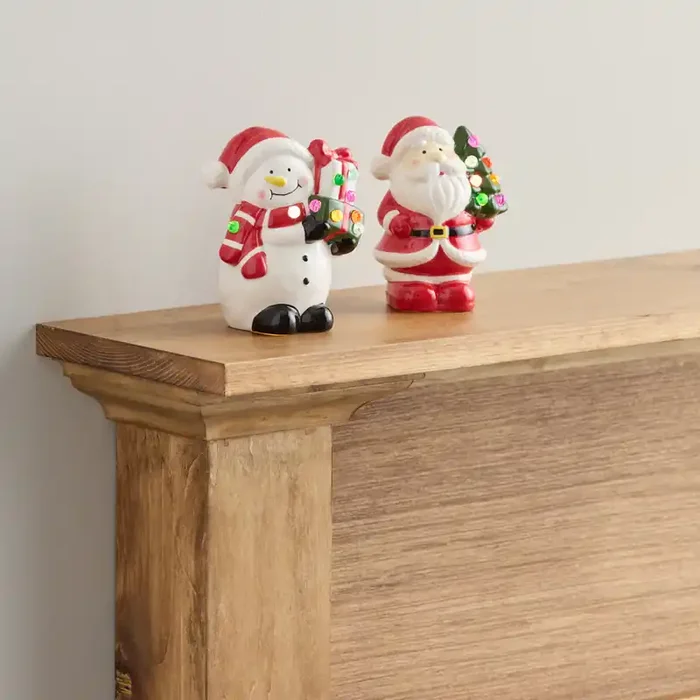 Ceramic Santa and Snowman LED Light Up Decor Set of 2