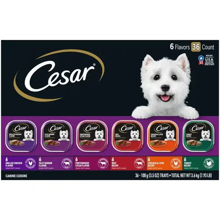 Cesar Classic Loaf in Sauce Liver, Chicken, Turkey, Steak and Beef Flavor Variety Pack Small Breed Wet Dog Food – 3.5oz/36ct