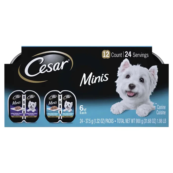 CESAR Minis Soft Wet Dog Food Filets in Gravy Variety Pack, Grilled Chicken Flavor With Vegetables and Slow Cooked Chicken & Vegetables Dinner, (12) Easy Peel Twin Pack Trays