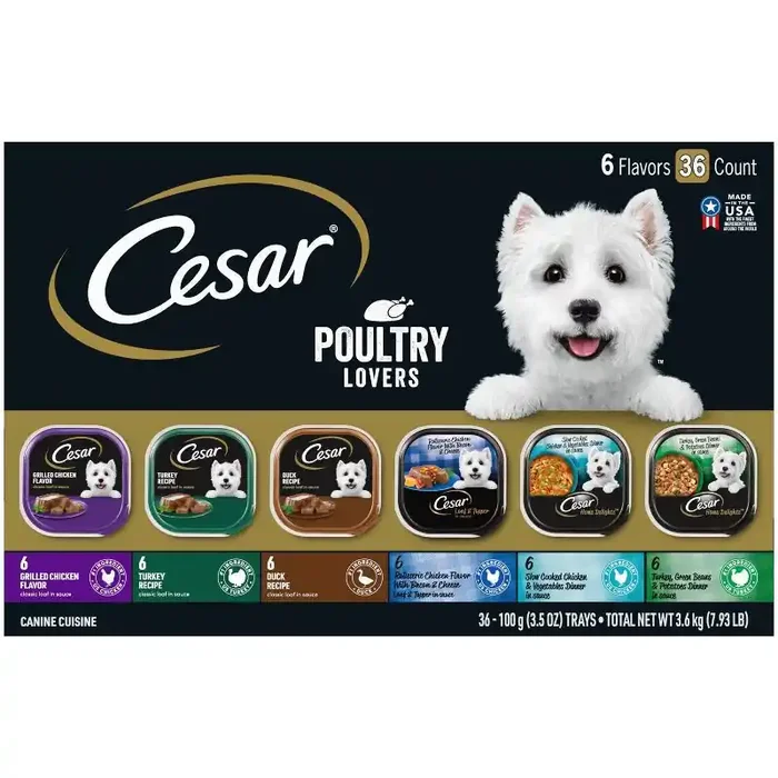 Cesar Poultry Lovers with Chicken, Turkey and Duck Flavor Adult Wet Dog Food – 7.93lb/36ct Variety Pack
