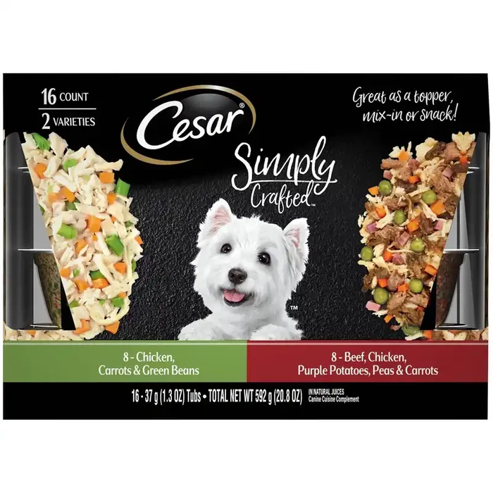 Cesar Simply with Crafted Chicken, Carrots & Green Beans and Beef, Chicken, Purple Potatoes, Peas & Carrots Adult Wet Dog Food – 1.3oz/16ct