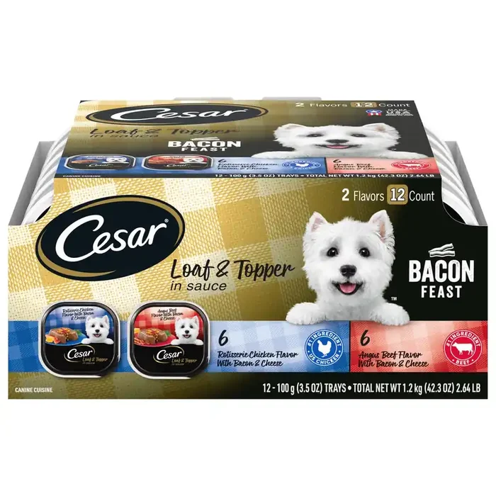 Cesar Wet Dog Food Loaf & Topper in Sauce Bacon Feast Variety Pack