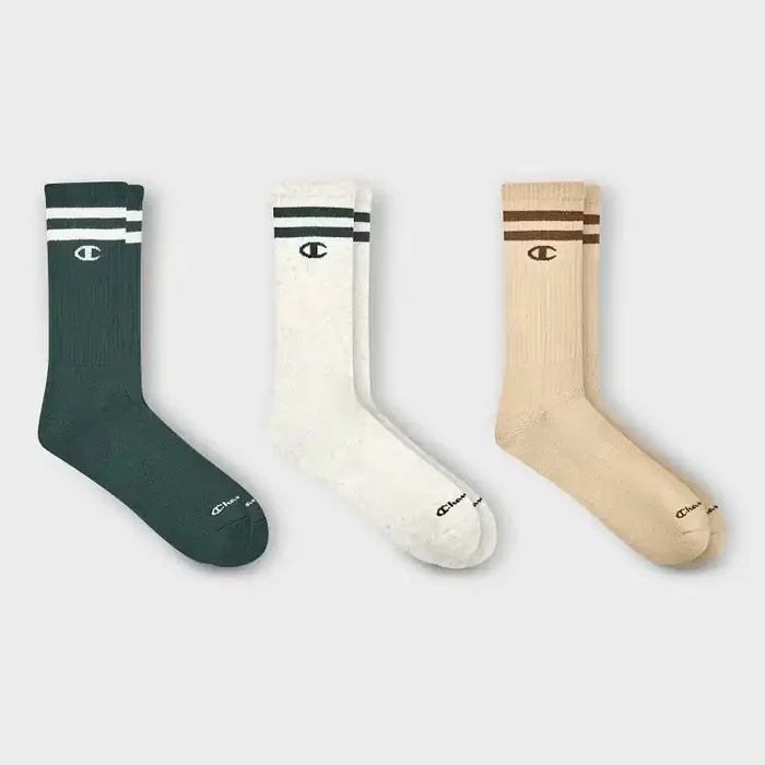 Champion Authentic Originals Men‘s 3pk Varsity Cushion Crew Socks – Green/Cream/Tan 6-12