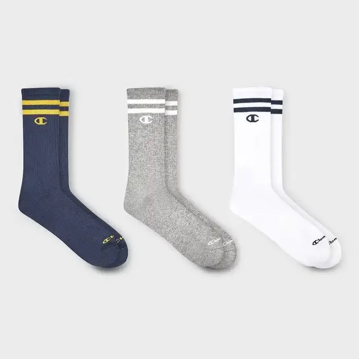 Champion Authentic Originals Men‘s 3pk Varsity Cushion Crew Socks – Navy/Gray/White 6-12