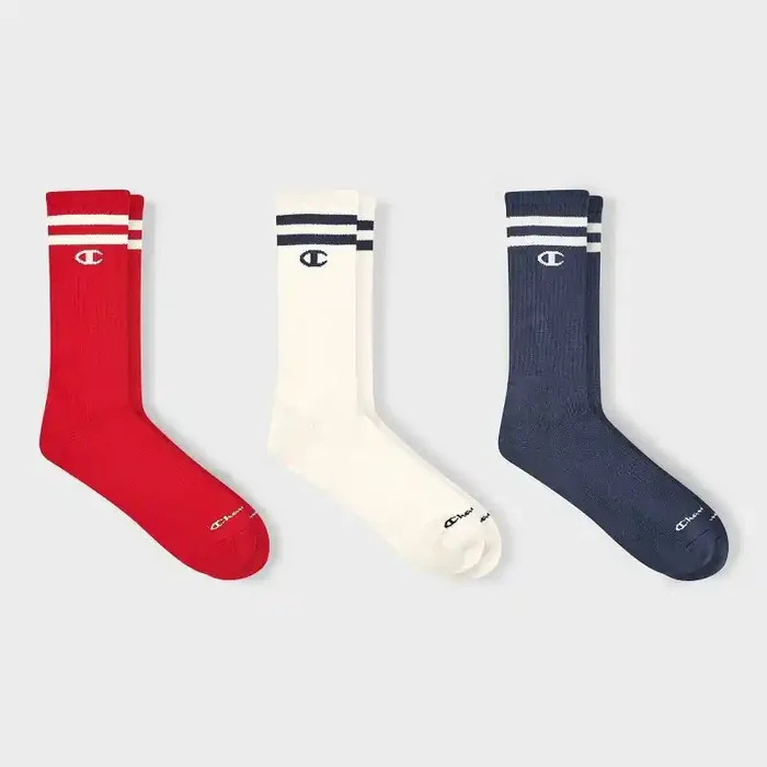Champion Authentic Originals Men‘s 3pk Varsity Cushion Crew Socks – Red/Cream/Blue 6-12
