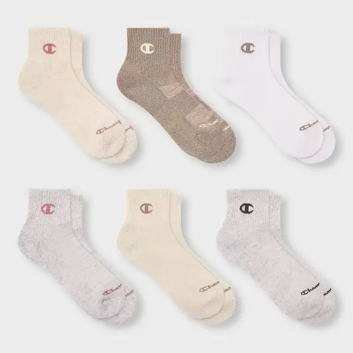 Champion Iconic Essentials Women‘s 6pk Cushioned Quarter Crew Socks – Oatmeal/Tan/White/Gray 4-10