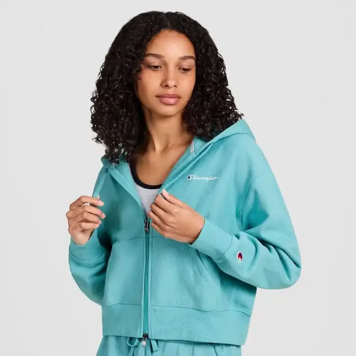 Champion Women‘s Cropped Fleece Zip-Up Sweatshirt – Teal Blue XXL