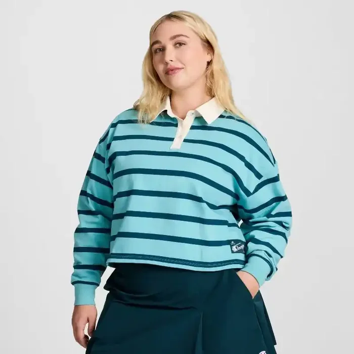 Champion Women‘s Long Sleeve Rugby Shirt – Teal Blue Striped M