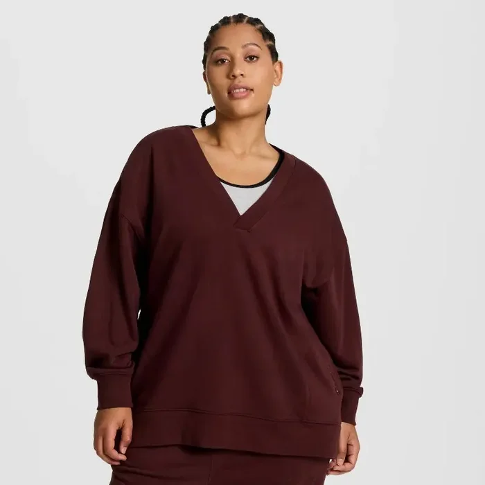 Champion Women‘s Long Sleeve V-Neck French Terry Pullover – Maroon XL