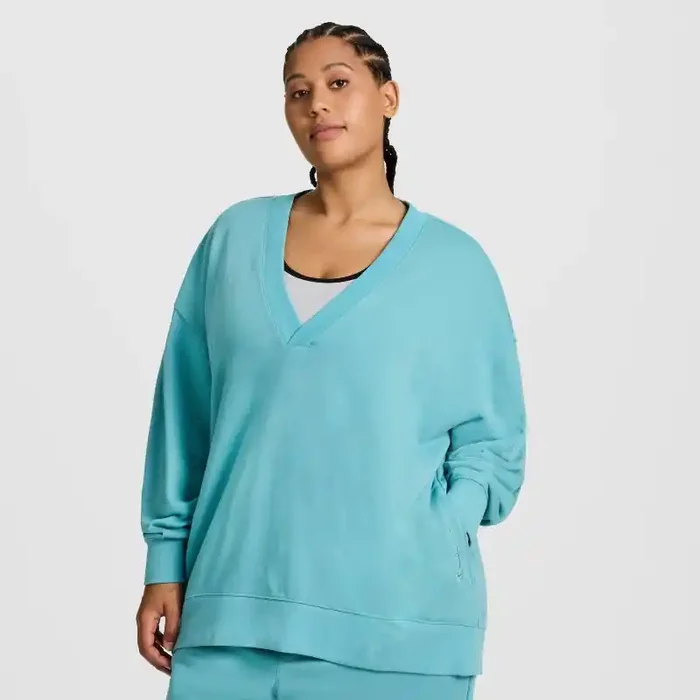 Champion Women‘s Long Sleeve V-Neck French Terry Pullover – Teal Blue S