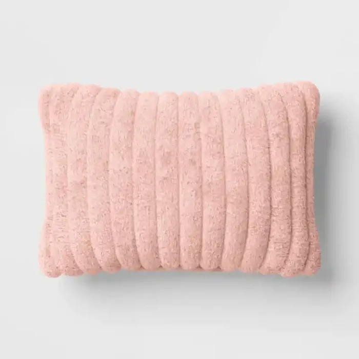 Channeled Faux Fur Lumbar Throw Pillow Blush – Room Essentials™ Indoor Rectangle Cushion, Polyester Fill