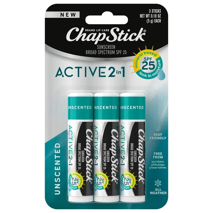 ChapStick Broad Spectrum SPF 15 Active 2 in 1 Sunscreen Lip Care 3 – 0.18 oz Sticks