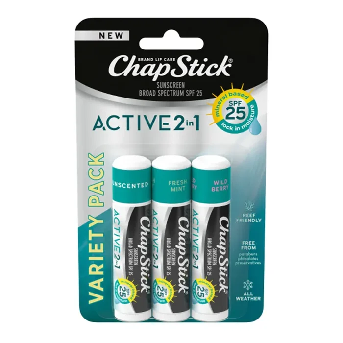 ChapStick Variety Pack Broad Spectrum SPF 25 Active 2 in 1 Sunscreen Variety Pack 3 – 0.18 oz Sticks