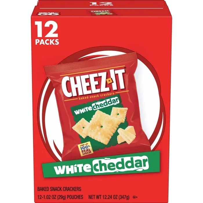 Cheez-It Baked Snack Crackers, Cheese Crackers, Office and Kids Snacks, White Cheddar, 12.24oz Box, 12 Pouches