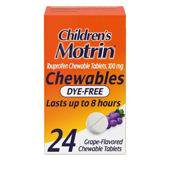 Children‘s Motrin Dye-Free Pain Reliever and Fever Reducer Ibuprofen (NSAID) ChewableTablets – Grape Flavor – 24ct