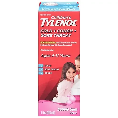 Children‘s Tylenol Cold Cough And Sore Throat Bubblegum Flavored Medicine – 4 Fl. Oz.