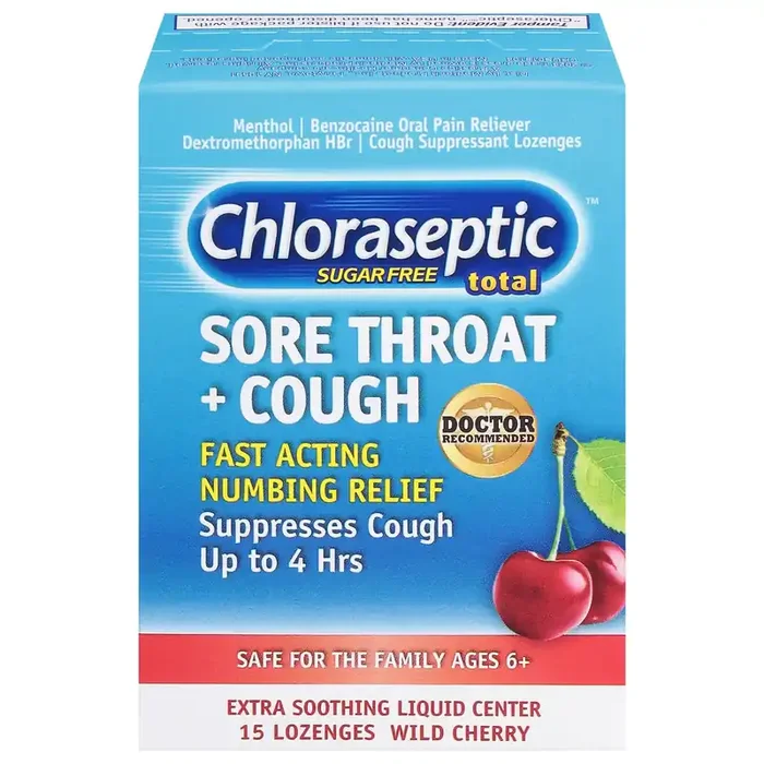 Chloraseptic Total Sore Throat + Cough Lozenges, Sugar-Free Wild Cherry Flavor, 15 CT