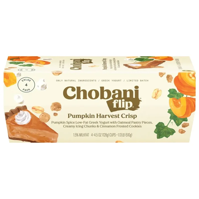 Chobani Flip Low-Fat Greek Yogurt Pumpkin Harvest Crisp Limited Batch 4.5oz 4-pack