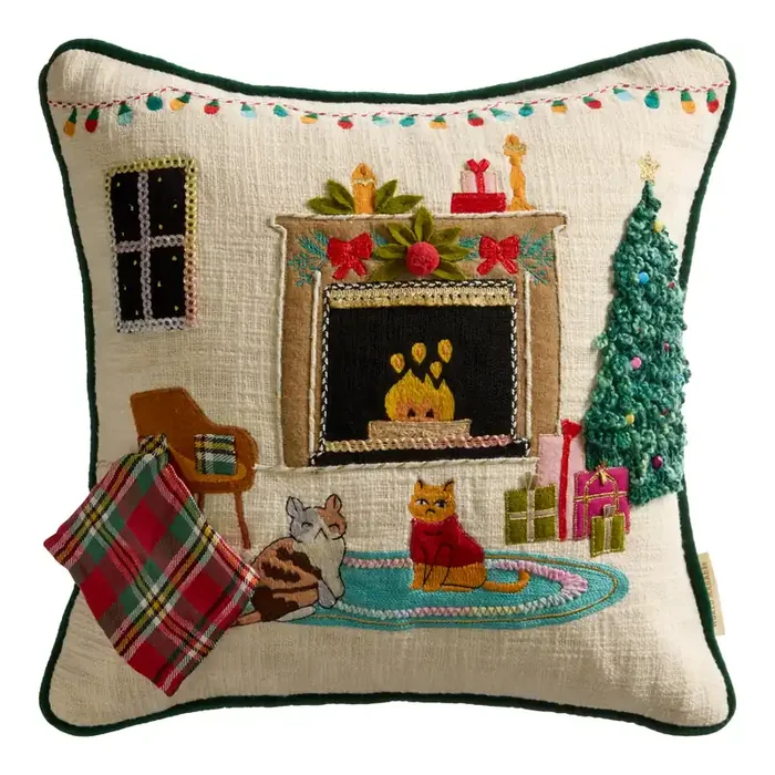 Christmas Cat Fireplace Scene Embroidered Throw Pillow