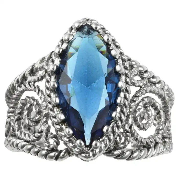 City by City Dark Blue Marquise Crystal Stone on Etched Open Filligree Band, Size 7