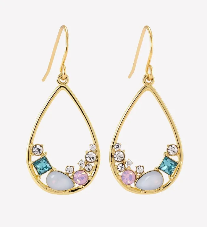 City by City Gold Plated Open Drop Earrings With Multi Genuine Crystals
