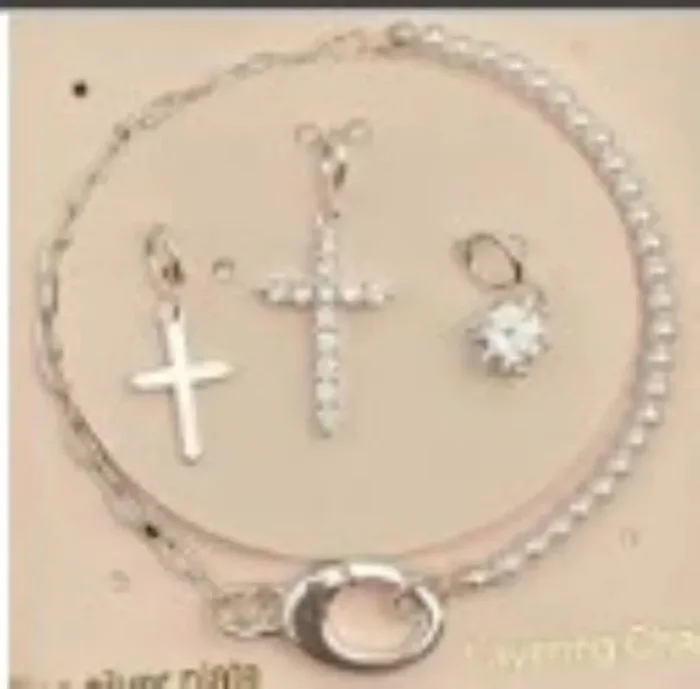 City by City Silver Plated Pearl and Paperclip Chain Bracelet With Cross Charms