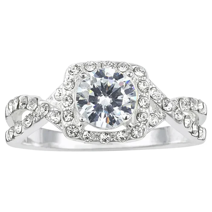 City by City Silver Tone Cubic Zirconia Solitaire Ring with Pave Halo Twist Band in Size 7