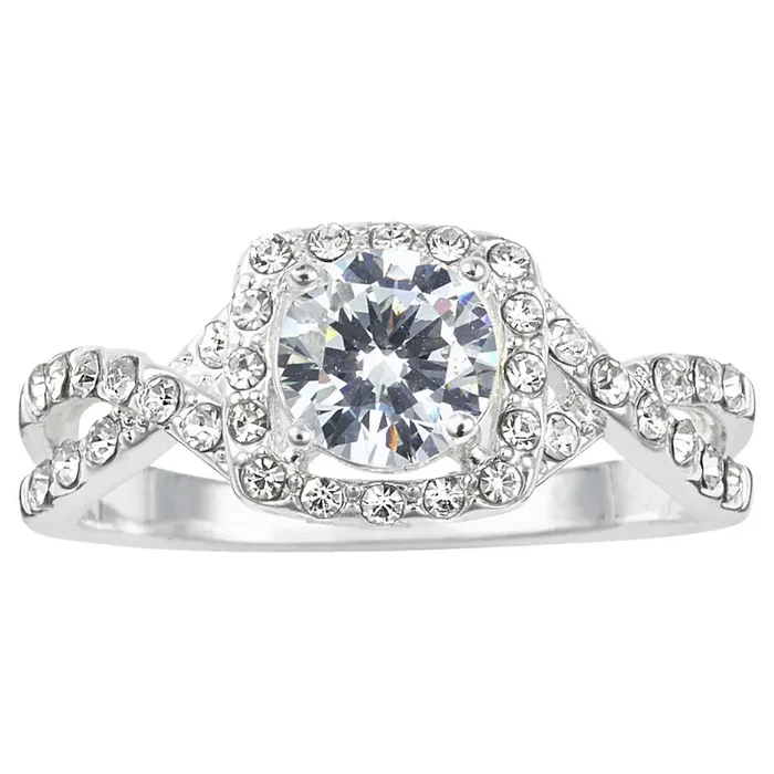 City by City Silver Tone Cubic Zirconia Solitaire Ring with Pave Halo Twist Band in Size 9