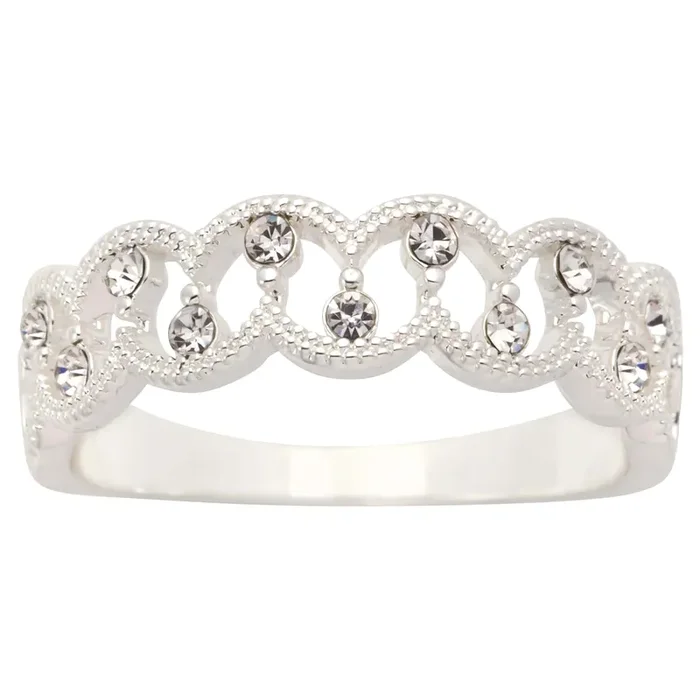 City by City Silver Tone Genuine Crystal Textured Openwork Band in Size 7