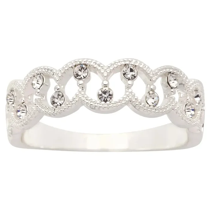 City by City Silver Tone Genuine Crystal Textured Openwork Band Size 7