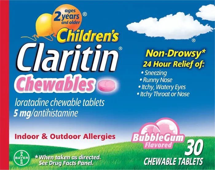 Claritin Children‘s Non-Drowsy 5 mg Bubble Gum Flavored Loradatine Chewable Tablets 30 ea Box