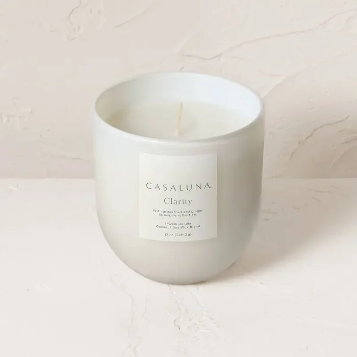 Clarity Core Frosted Glass Wellness Jar Candle White 12oz – Casaluna™ Soy & Coconut Wax, Ginger-Bergamot Scent, 55hr Burn